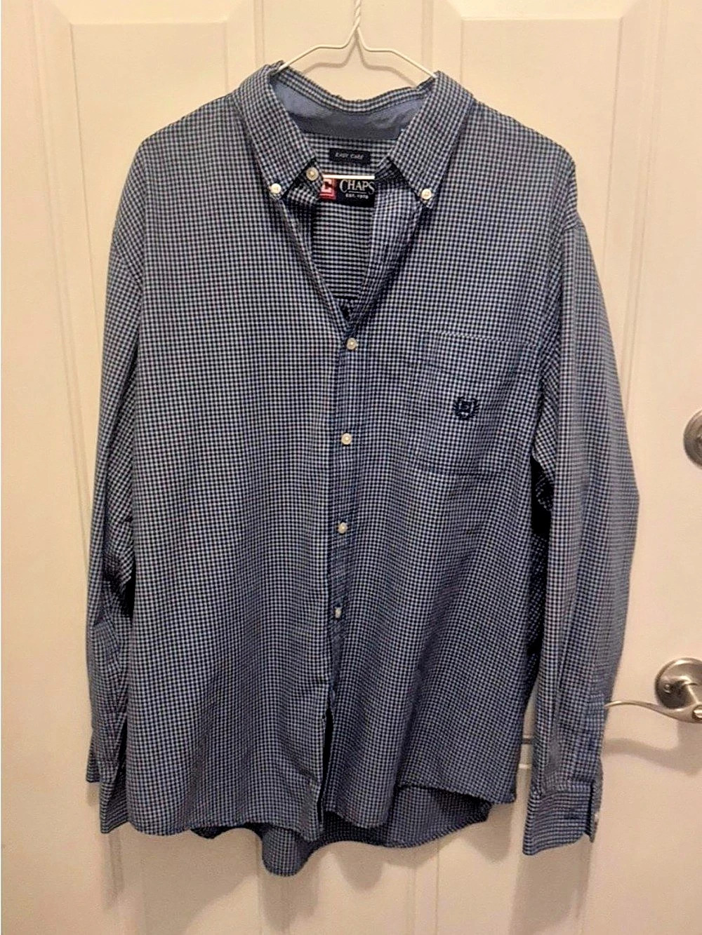 Chaps Easy Care Long Sleeve Gingham Button-Down Shirt Blue & White XL/TG